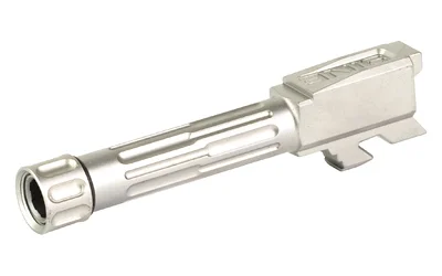 primary-11110 LANTAC 9INE FOR G43 silver barrel, angled side view with fluting and threaded muzzle