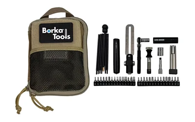 BORKA TOOLS STK W/ EXT BITS AND ECR, tan pouch beside black driver, extensions and bit set
