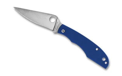 SPYDERCO GRASSHOPPER blue folding knife, side view with open silver blade and round hole