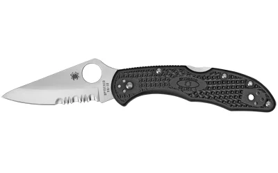 primary-11141 Spyderco Delica4 folding knife, open left-side view with silver blade and black textured handle