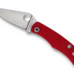 Spyderco Bug G-10 folding knife, open angled view with silver blade and red handle
