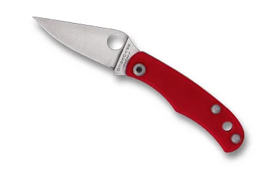 Spyderco Bug G-10 folding knife, open angled view with silver blade and red handle