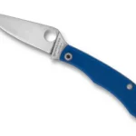 Spyderco Honeybee G-10 folding knife, open angled view with silver blade and blue handle
