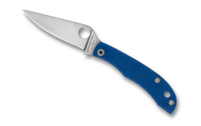 Spyderco Honeybee G-10 folding knife, open angled view with silver blade and blue handle