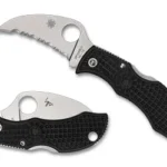 SPYDERCO MANBUG BLK, black folding knife shown open and closed with silver blade and round thumb hole