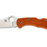 SPYDERCO DELICA 4 open knife side view with silver blade, thumb hole and orange textured handle