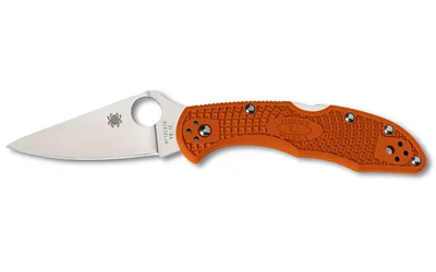 primary-11167 SPYDERCO DELICA 4 open knife side view with silver blade, thumb hole and orange textured handle