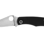 SPYDERCO BUG G-10 open knife side view with silver blade, thumb hole and curved black handle