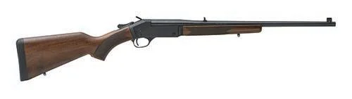 Henry Singleshot Rifle with brown wood stock and black barrel, right-facing side view