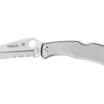 Spyderco Police Stainless ComboEdge silver folding knife, left side open with partially serrated blade