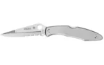 Spyderco Police Stainless ComboEdge silver folding knife, left side open with partially serrated blade