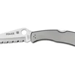 Spyderco Police Stainless SpyderEdge silver folding knife, left side open with serrated blade