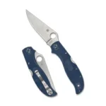 SPYDERCO STRETCH 2 XL LTWT blue folding knife, open and folded clip-side views with silver blade