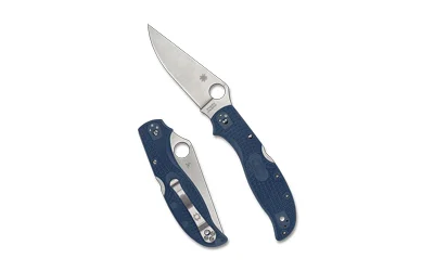 SPYDERCO STRETCH 2 XL LTWT blue folding knife, open and folded clip-side views with silver blade