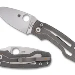 SPYDERCO PITS 2 SLIPIT TI gray folding knife, open and folded views with silver blade and pocket clip