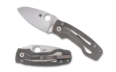 primary-11201 SPYDERCO PITS 2 SLIPIT TI gray folding knife, open and folded views with silver blade and pocket clip