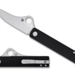 SPYDERCO ESSENZA ALUM black folding knife, open and folded views with silver blade and pocket clip