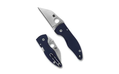SPYDERCO MICROJIMBO G10 BLUE blue folding knife shown open and closed with silver blade