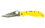 SPYDERCO STRETCH 2 XL LW, open folding knife with yellow handle and serrated silver blade