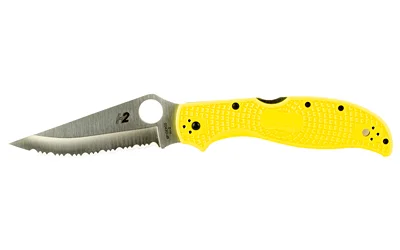 SPYDERCO STRETCH 2 XL LW, open folding knife with yellow handle and serrated silver blade