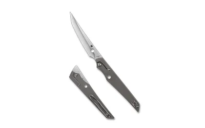 SPYDERCO COBOL, gray slim knife shown open and closed with narrow silver blade and pocket clip