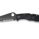 Spyderco Endura 4 black folding knife open, side view with partially serrated black blade