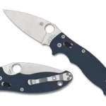 SPYDERCO MANIX2 G-10 blue folding knife shown open and closed with silver blade and pocket clip