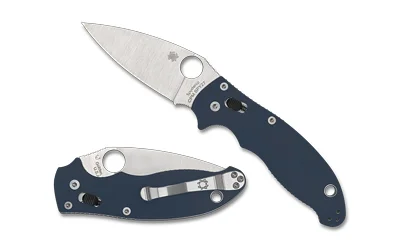 SPYDERCO MANIX2 G-10 blue folding knife shown open and closed with silver blade and pocket clip