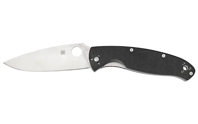 Spyderco Resilience, right-side view with satin blade, round hole and black handle