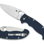 Spyderco Manix 2 XL, open right-side and closed views with satin blade and blue handle
