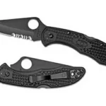 SPYDERCO DELICA4 COMBO BLADE BLK, black folding knife shown open and closed with round thumb hole