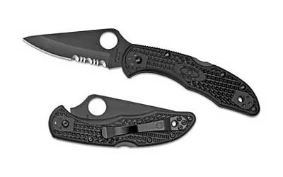 primary-11249 SPYDERCO DELICA4 COMBO BLADE BLK, black folding knife shown open and closed with round thumb hole