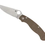 Spyderco Military 2 CPM, open folding knife with silver blade and brown canvas handle