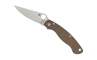 primary-11252 Spyderco Military 2 CPM, open folding knife with silver blade and brown canvas handle