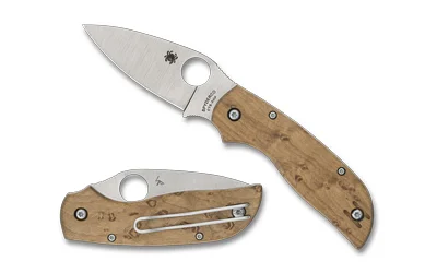 Spyderco Chaparral Slipit BM folding knife, open and closed views with brown handles and silver blade