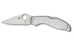 SPYDERCO UPTERN 2.82 SS SILVER, right side view open with silver blade, round hole and metal handle