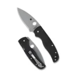 Spyderco Shaman LTWT, black folding knife shown open with silver blade and closed beside it