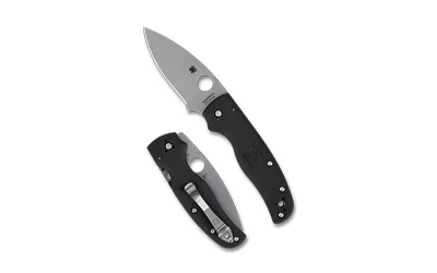 primary-11268 Spyderco Shaman LTWT, black folding knife shown open with silver blade and closed beside it