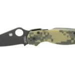 Spyderco Para Military 2 folding knife, open side view with black blade and digital camo handle