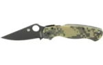Spyderco Para Military 2 folding knife, open side view with black blade and digital camo handle