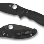 SPYDERCO MANIX 2 BLACK BLADE, black folding knife shown open and closed with pocket clip