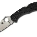 Spyderco Delica4 black folding knife, open side view with silver blade and thumb hole