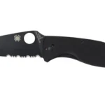 Spyderco Tenacious G-10 black folding knife, open side view with partially serrated blade