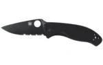Spyderco Tenacious G-10 black folding knife, open side view with partially serrated blade
