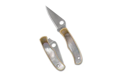 Spyderco Bug nickel silver abalone folding knife, open and closed side views