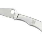 Spyderco Honeybee SS Plain knife, open with silver handle, plain blade and round thumb hole