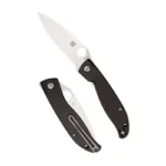 Spyderco Mantra 4 CF folding knife, open and closed views with black handles and silver blade