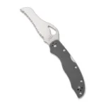 SPYDERCO GOONEY 3.44-inch GRAY open knife, angled right-side view, black handle and serrated blade