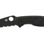 Spyderco Tenacious Lightweight black folding knife, left side open with black serrated blade