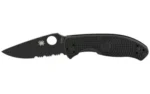 Spyderco Tenacious Lightweight black folding knife, left side open with black serrated blade